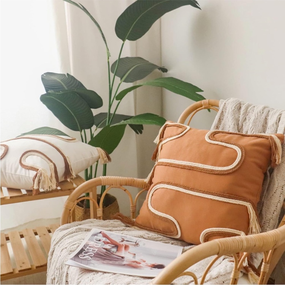 Braided Mid Century Orange Pillow Case Fringed Neutral Textured Boho Farmhouse - Picture 7 of 8